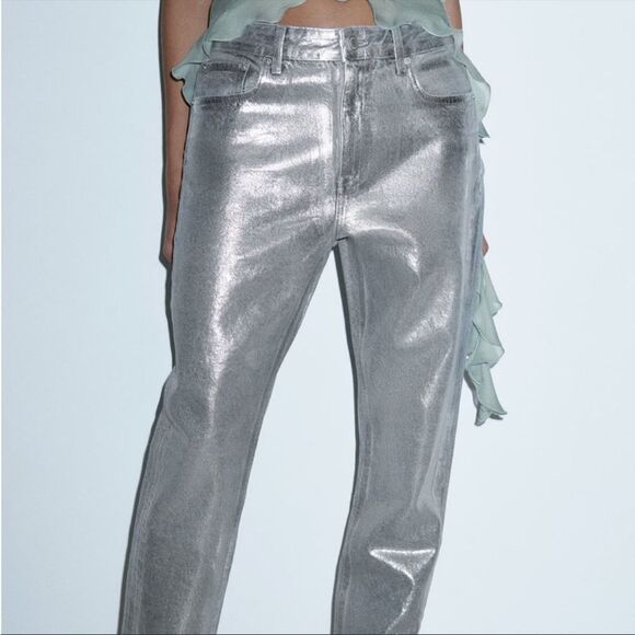 Zara NWT Viral Silver Coated High Rise Jeans Size 6 Sold Out Online Bloggers Fav - Picture 2 of 11